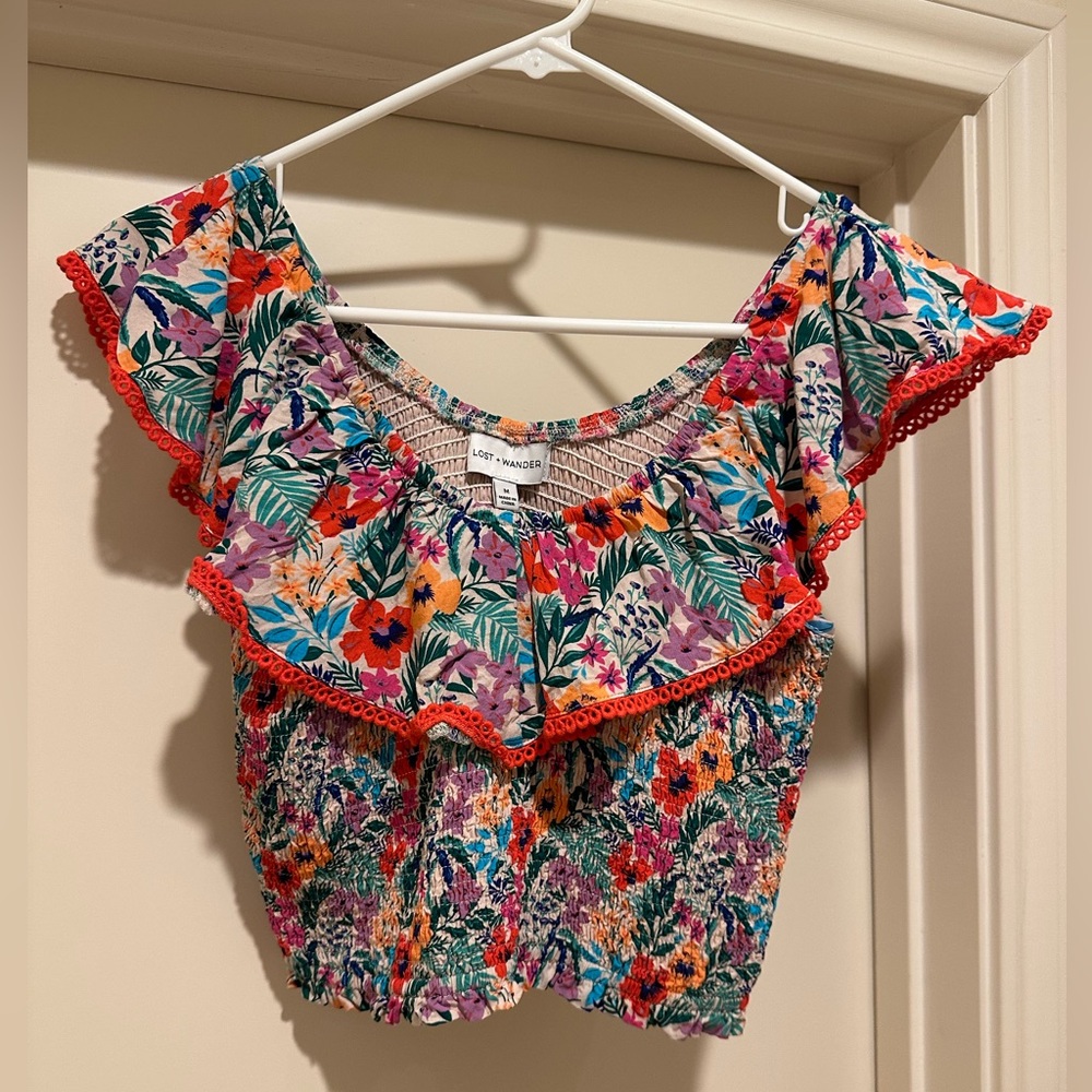 Lost + Wander smocked crop off the shoulder top.